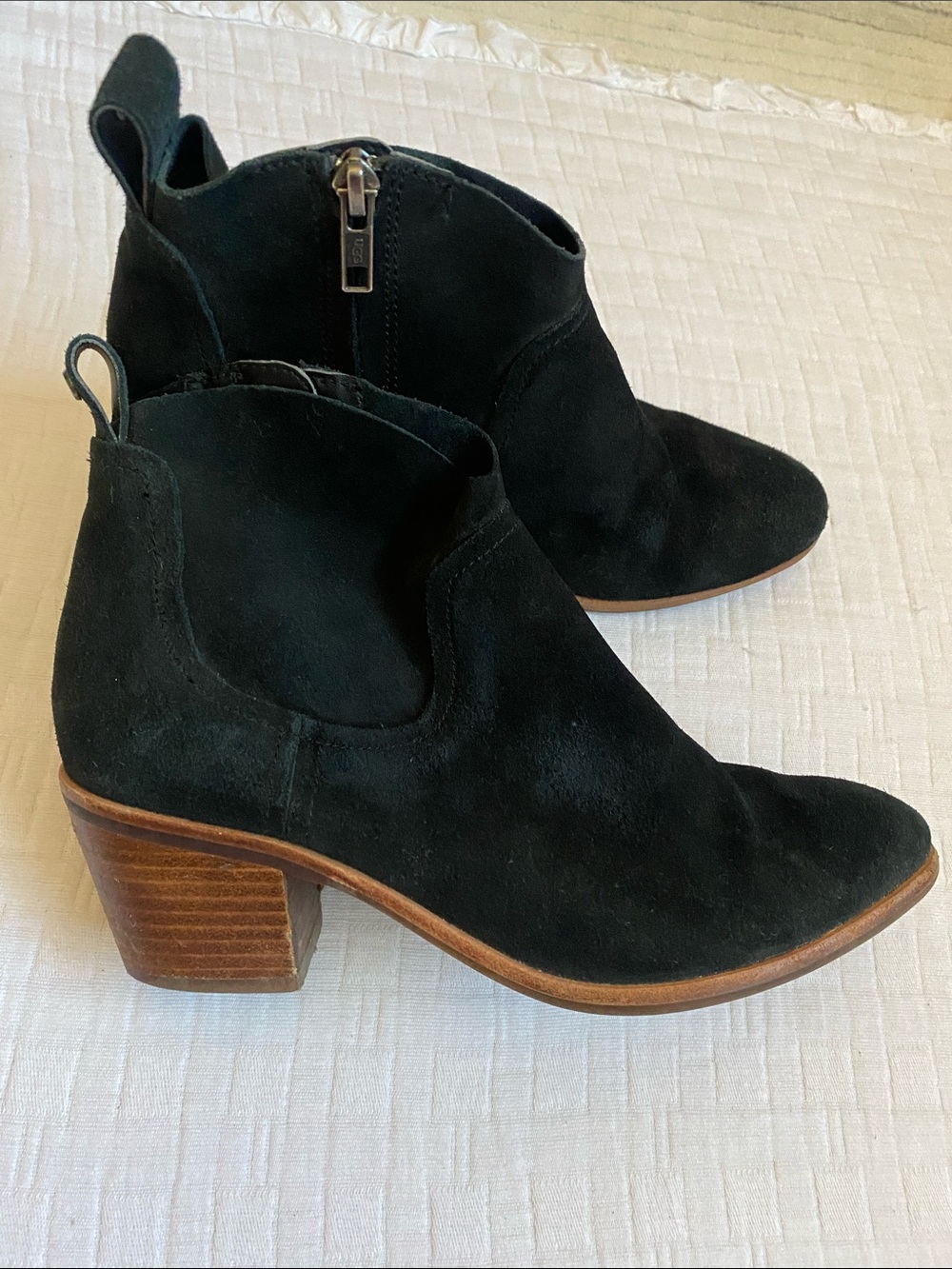 UGG Black Suede Ankle Booties with Stacked Heel